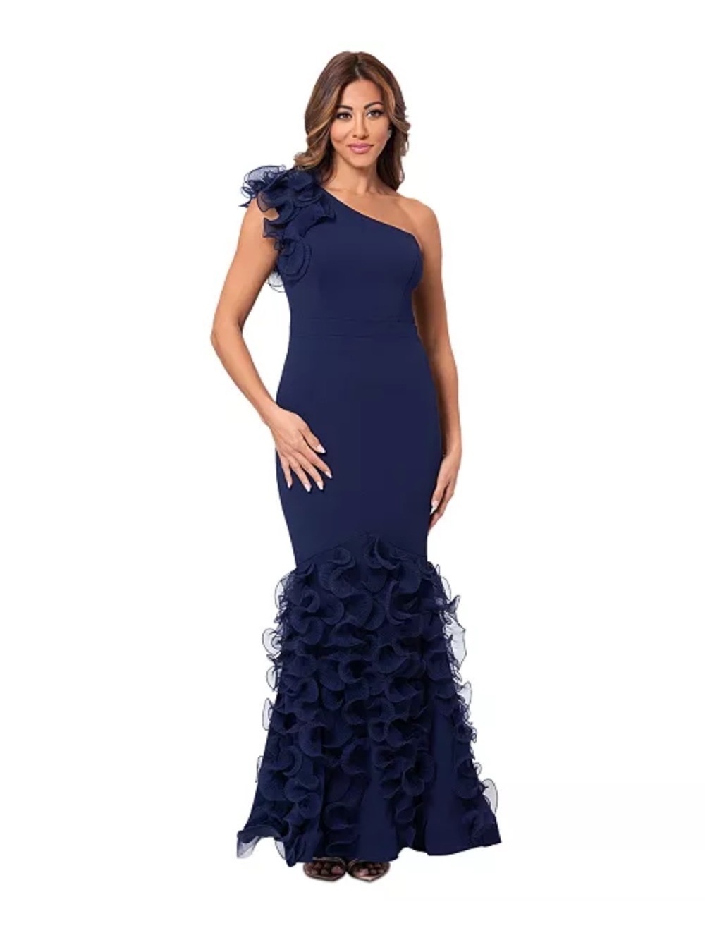 Xscape Navy One-Shoulder Ruffle Mermaid Gown